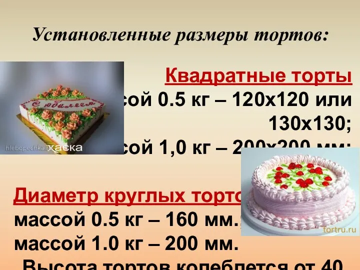Установленные размеры тортов: Квадратные торты массой 0.5 кг – 120x120