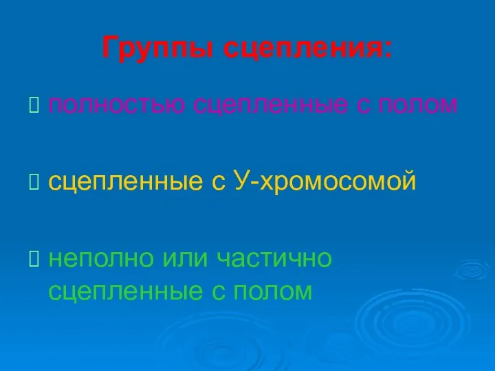 полностью сцепленные с полом сцепленные с У-хромосомой неполно или частично сцепленные с полом Группы сцепления: