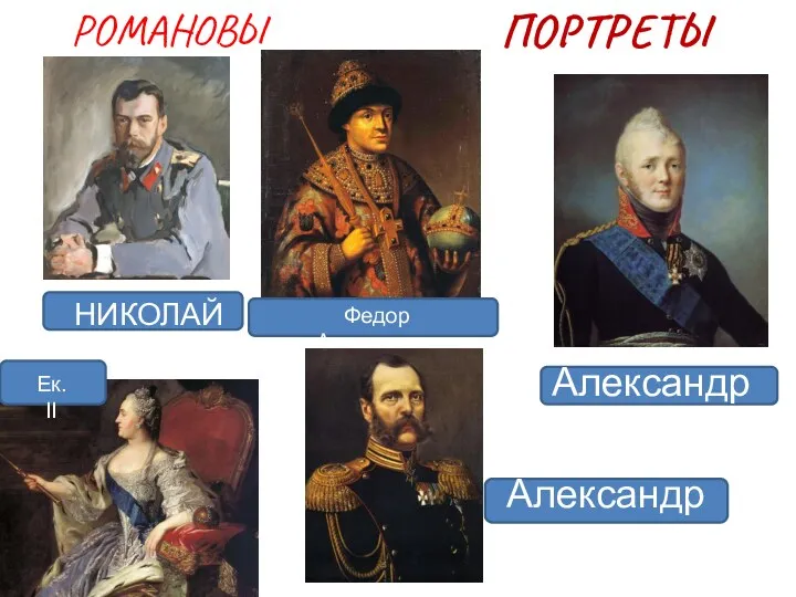 РОМАНОВЫ ПОРТРЕТЫ НИКОЛАЙ II Федор Алексеевич Ек. II Александр I Александр II