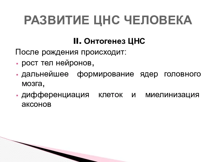 II. Онтогенез ЦНС После рождения происходит: рост тел нейронов, дальнейшее