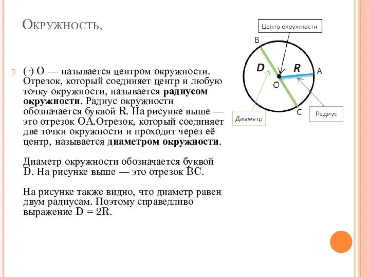 Окружность. (·) O — называется центром окружности.Отрезок, который соединяет центр