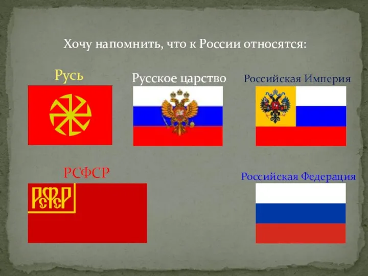 Хочу напомнить, что к России относятся: Русь Русское царство Российская Империя РСФСР Российская Федерация