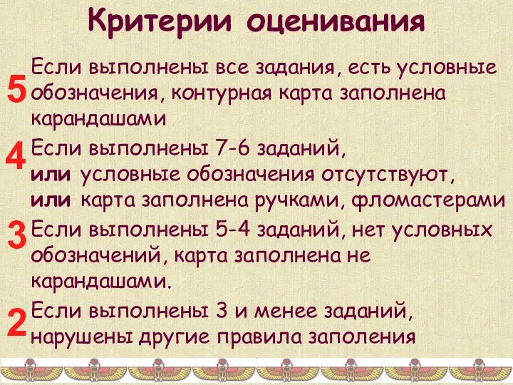 Критерии оценивания Если выполнены все задания, есть условные обозначения, контурная