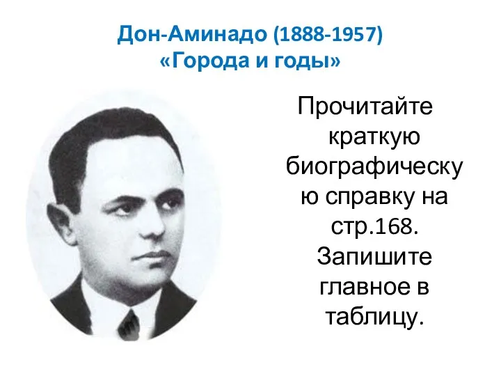 Дон-Аминадо (1888-1957) «Города и годы» Прочитайте краткую биографическую справку на стр.168. Запишите главное в таблицу.