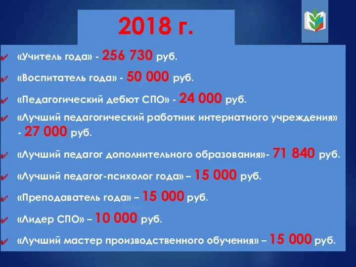 «Учитель года» - 256 730 руб. «Воспитатель года» - 50