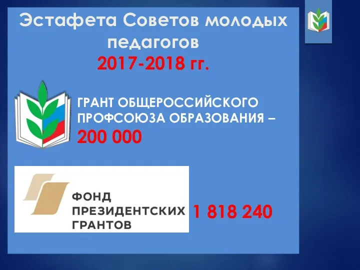 Эстафета Советов молодых педагогов 2017-2018 гг. ГРАНТ ОБЩЕРОССИЙСКОГО ПРОФСОЮЗА ОБРАЗОВАНИЯ – 200 000 1 818 240