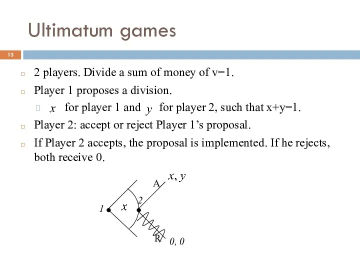 Ultimatum games 2 players. Divide a sum of money of
