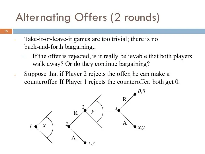 Alternating Offers (2 rounds) Take-it-or-leave-it games are too trivial; there