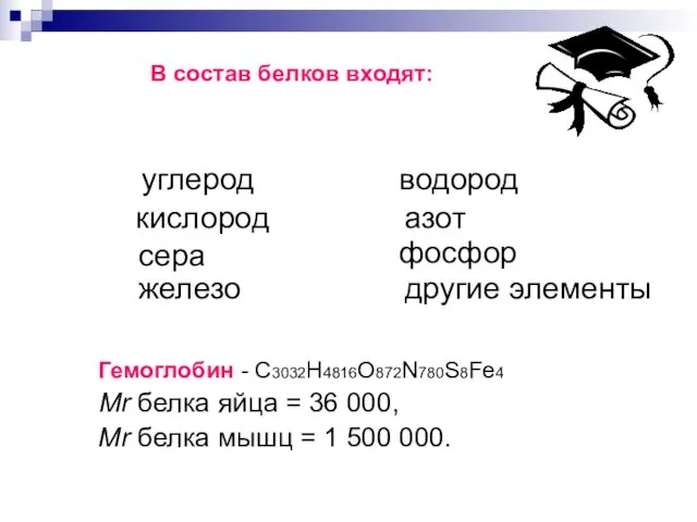 В состав белков входят: Гемоглобин - С3032H4816O872N780S8Fe4 Mr белка яйца