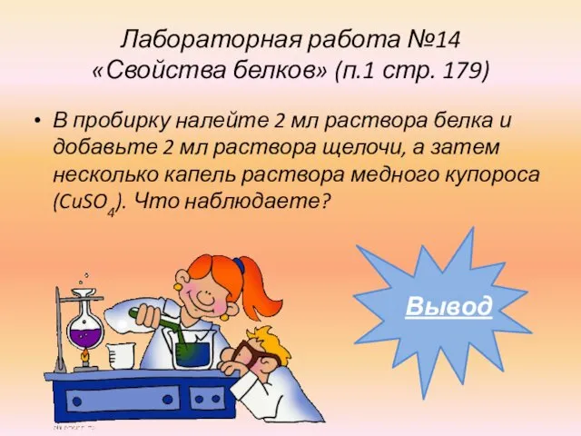 Лабораторная работа №14 «Свойства белков» (п.1 стр. 179) В пробирку налейте 2 мл