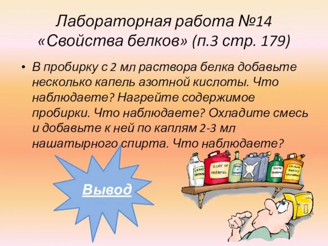 Лабораторная работа №14 «Свойства белков» (п.3 стр. 179) В пробирку с 2 мл