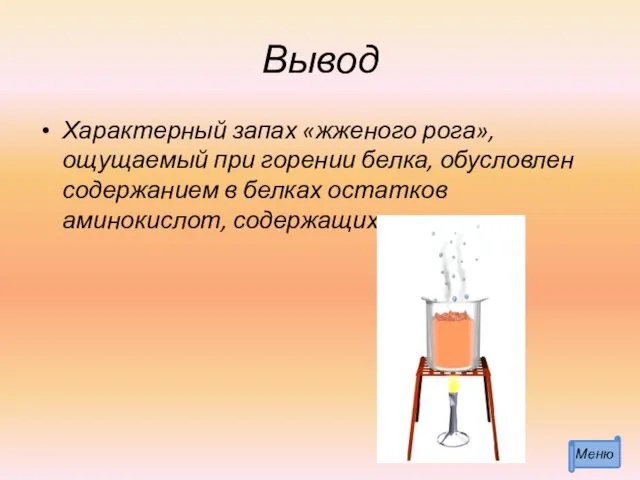 Вывод Характерный запах «жженого рога», ощущаемый при горении белка, обусловлен содержанием в белках