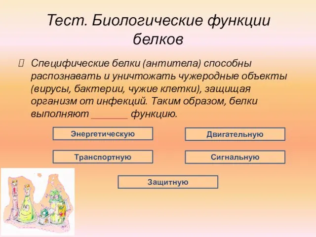 Тест. Биологические функции белков Специфические белки (антитела) способны распознавать и уничтожать чужеродные объекты