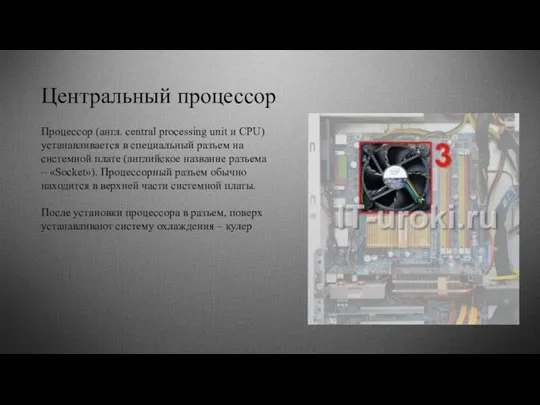 Центральный процессор Процессор (англ. central processing unit и CPU) устанавливается