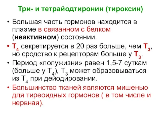 Три- и тетрайодтиронин (тироксин) Большая часть гормонов находится в плазме