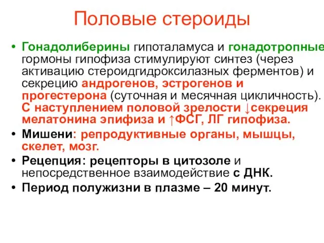 Половые стероиды Гонадолиберины гипоталамуса и гонадотропные гормоны гипофиза стимулируют синтез