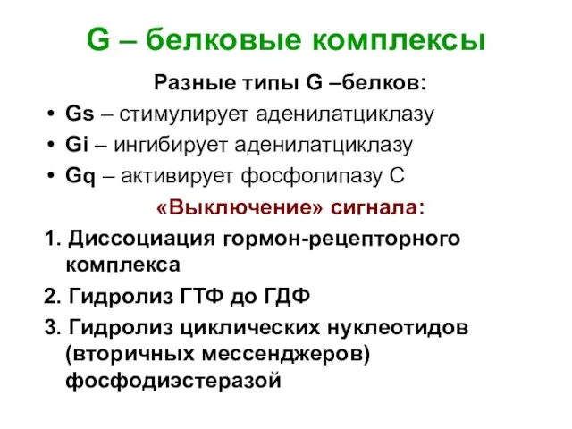 G – белковые комплексы Разные типы G –белков: Gs –