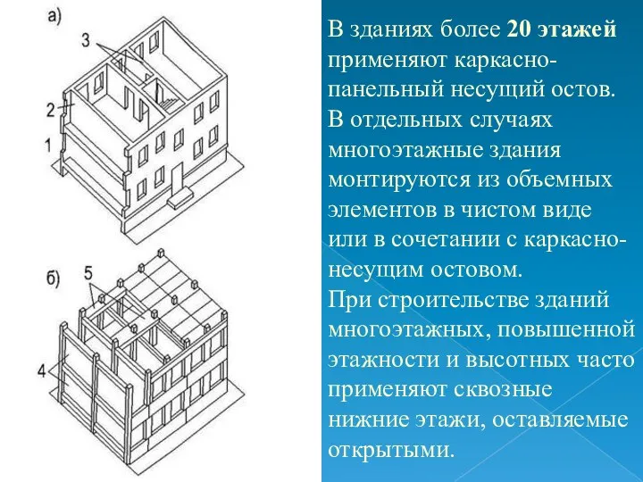 В зданиях более 20 этажей применяют каркасно-панельный несущий остов. В