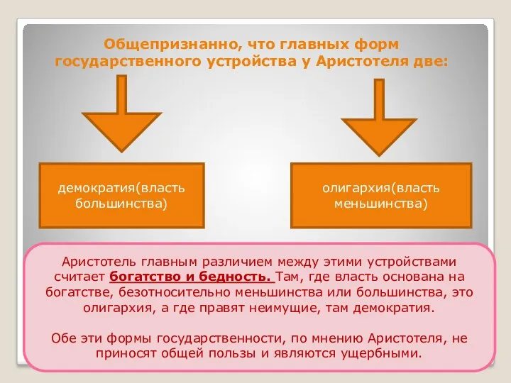 Общепризнанно, что главных форм государственного устройства у Аристотеля две: демократия(власть