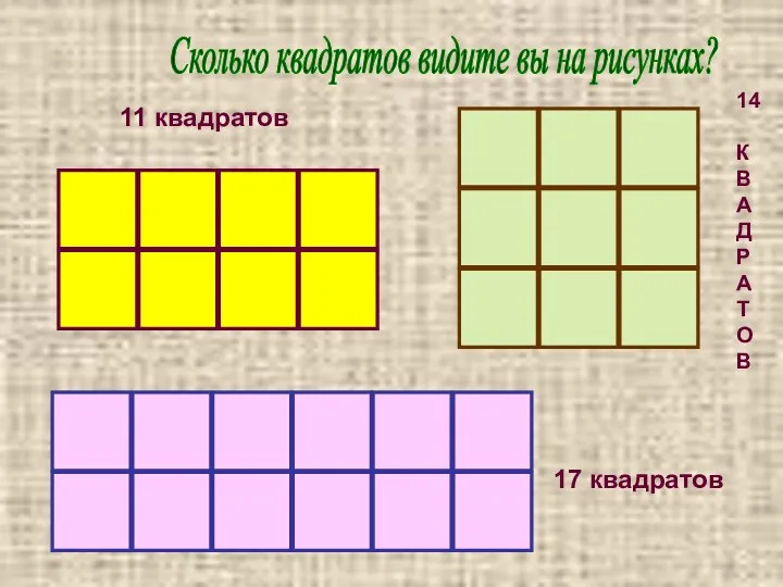 Сколько квадратов видите вы на рисунках? 11 квадратов 14 К