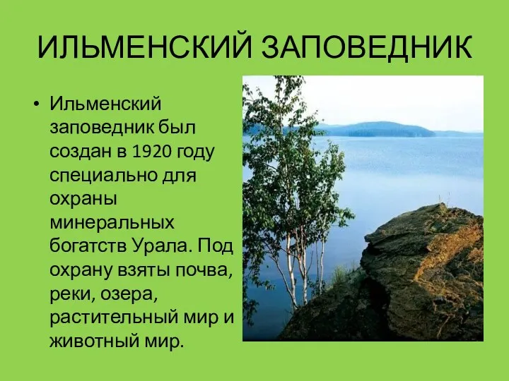 ИЛЬМЕНСКИЙ ЗАПОВЕДНИК Ильменский заповедник был создан в 1920 году специально