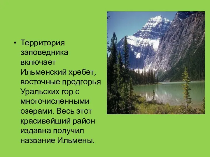 Территория заповедника включает Ильменский хребет, восточные предгорья Уральских гор с