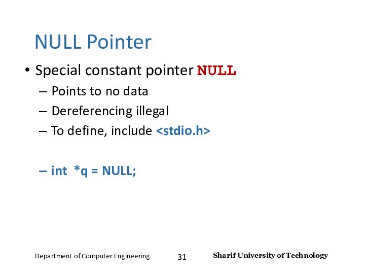 NULL Pointer Special constant pointer NULL Points to no data