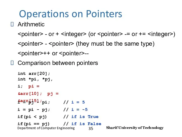 Operations on Pointers Arithmetic - or + (or -= or