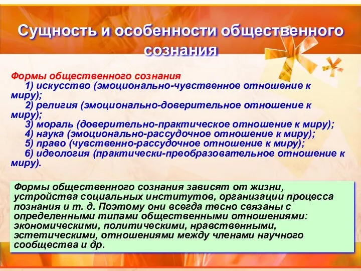 Сущность и особенности общественного сознания Формы общественного сознания 1) искусство