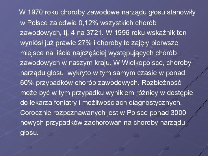 W 1970 roku choroby zawodowe narządu głosu stanowiły w Polsce