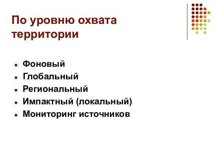 По уровню охвата территории Фоновый Глобальный Региональный Импактный (локальный) Мониторинг источников