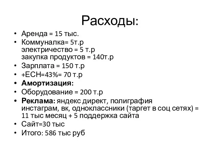 Расходы: Аренда = 15 тыс. Коммуналка= 5т.р электричество = 5 т.р закупка продуктов