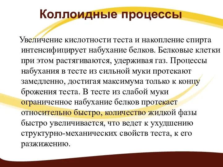 Коллоидные процессы Увеличение кислотности теста и накопление спирта интенсифицирует набухание