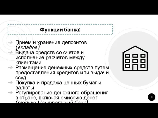 Функции банка: Прием и хранение депозитов (вкладов) Выдача средств со