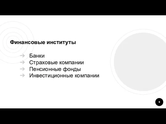 Финансовые институты Банки Страховые компании Пенсионные фонды Инвестиционные компании