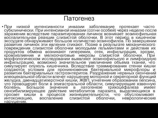 Патогенез При низкой интенсивности инвазии заболевание протекает часто субклинически. При