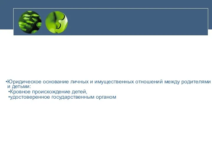 Юридическое основание личных и имущественных отношений между родителями и детьми: Кровное происхождение детей, удостоверенное государственным органом