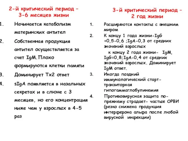 2-й критический период – 3-6 месяцев жизни Начинается катаболизм материнских