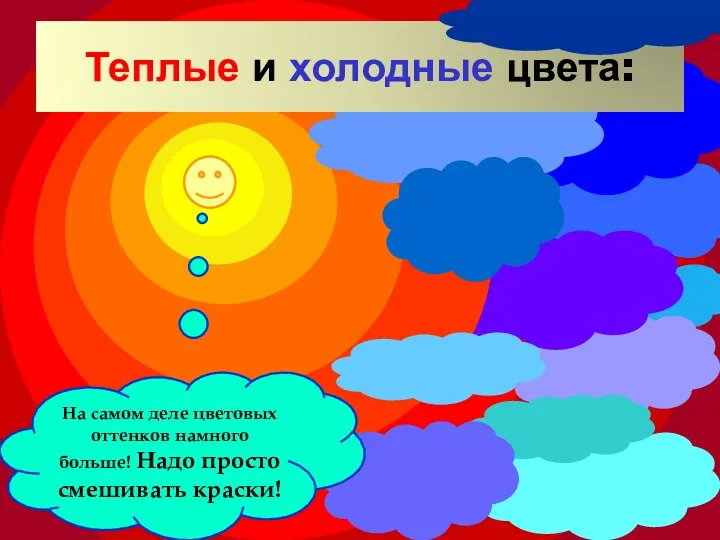 На самом деле цветовых оттенков намного больше! Надо просто смешивать краски! Теплые и холодные цвета: