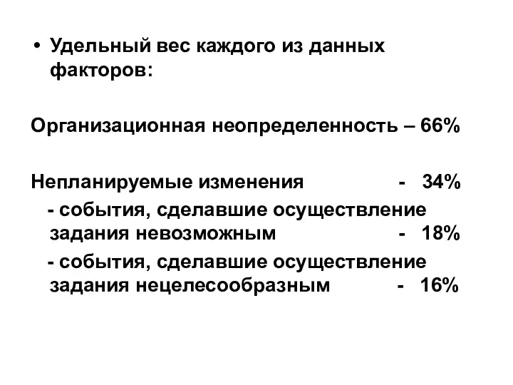 Удельный вес каждого из данных факторов: Организационная неопределенность – 66% Непланируемые изменения -