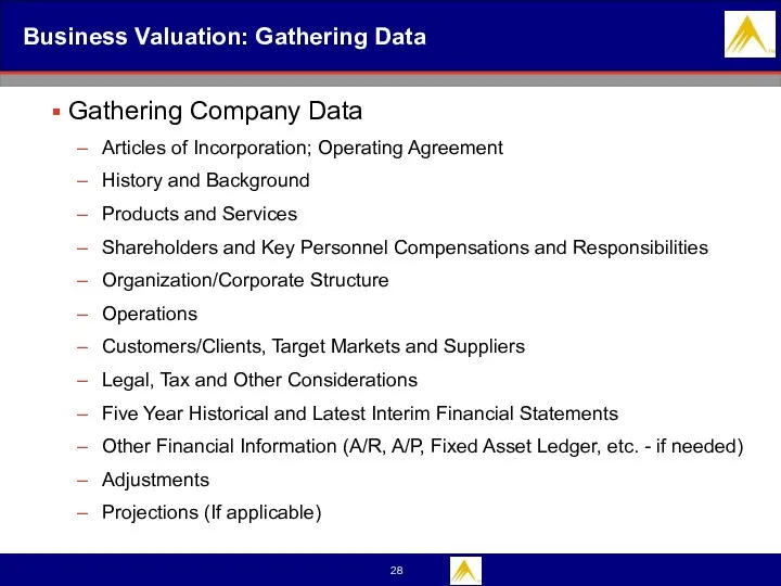 Business Valuation: Gathering Data Gathering Company Data Articles of Incorporation; Operating Agreement History