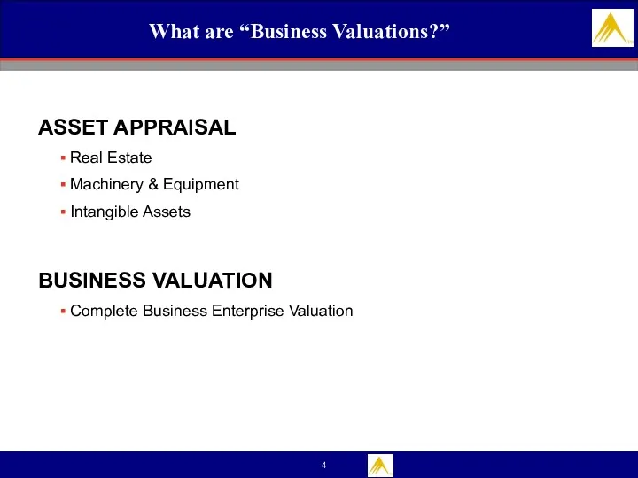 What are “Business Valuations?” ASSET APPRAISAL Real Estate Machinery & Equipment Intangible Assets