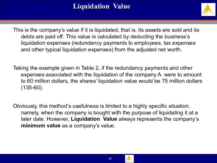 Liquidation Value This is the company’s value if it is liquidated, that is,