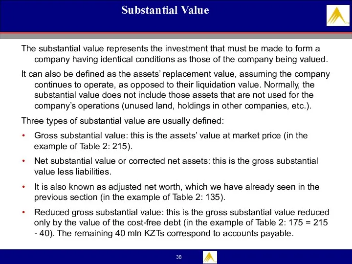 Substantial Value The substantial value represents the investment that must be made to