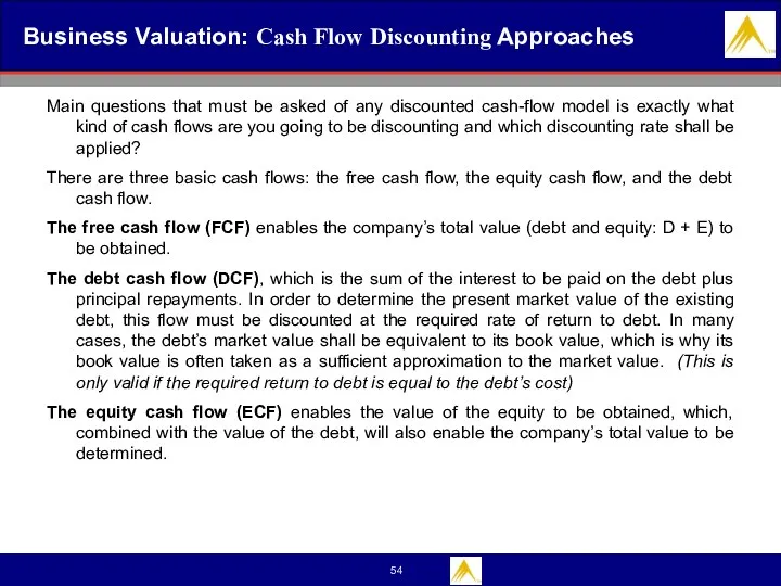 Business Valuation: Cash Flow Discounting Approaches Main questions that must be asked of