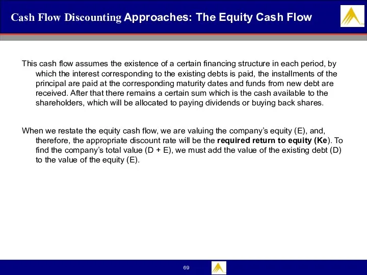Cash Flow Discounting Approaches: The Equity Cash Flow This cash flow assumes the