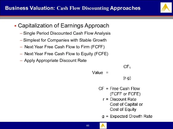 Business Valuation: Cash Flow Discounting Approaches Capitalization of Earnings Approach Single Period Discounted