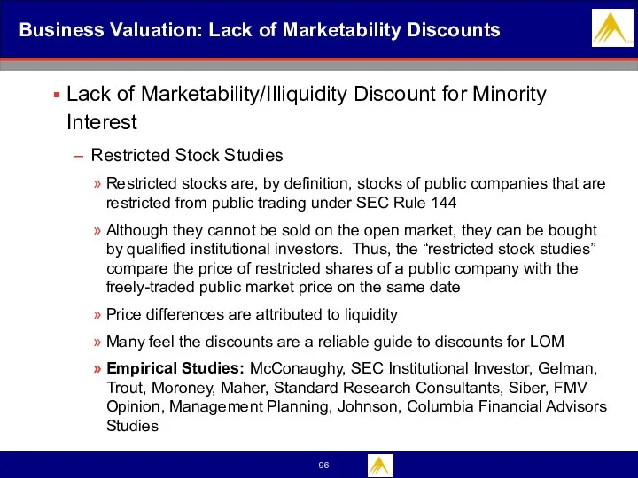 Business Valuation: Lack of Marketability Discounts Lack of Marketability/Illiquidity Discount for Minority Interest