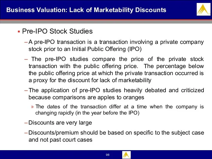 Business Valuation: Lack of Marketability Discounts Pre-IPO Stock Studies A pre-IPO transaction is