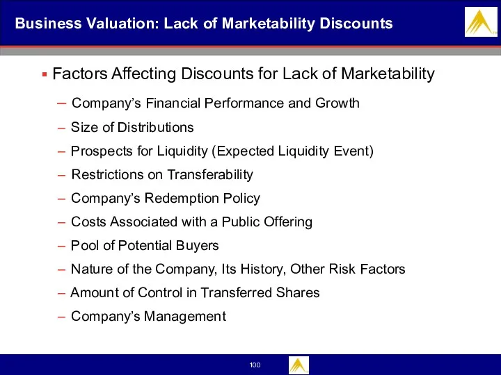 Business Valuation: Lack of Marketability Discounts Factors Affecting Discounts for Lack of Marketability